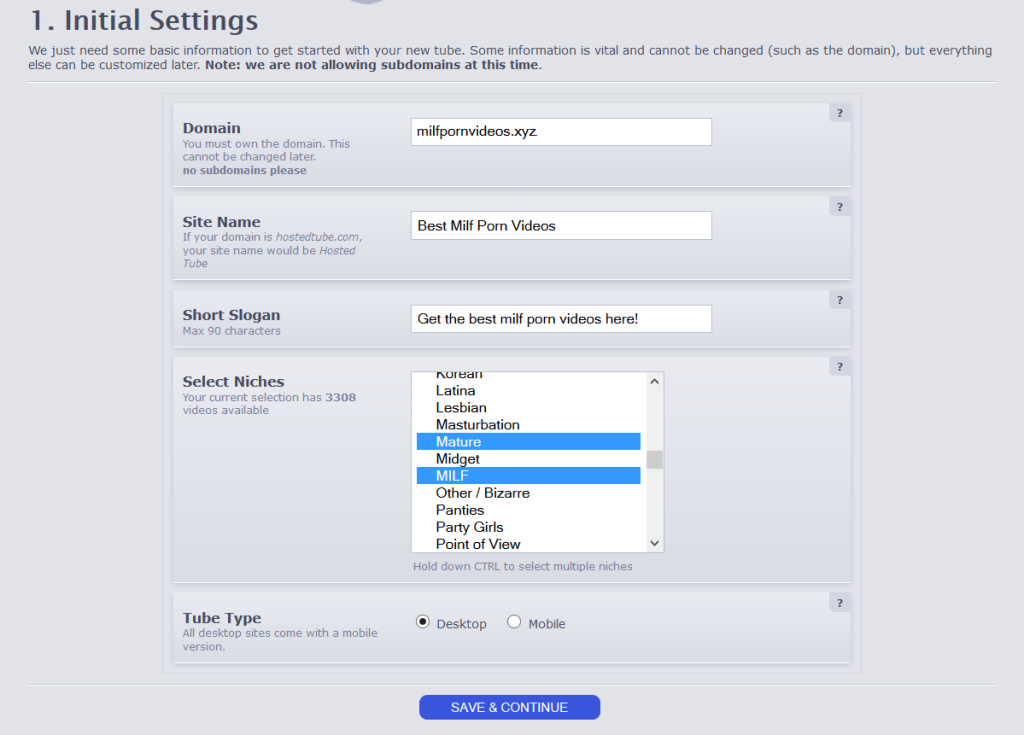 Screenshot of the initial settings