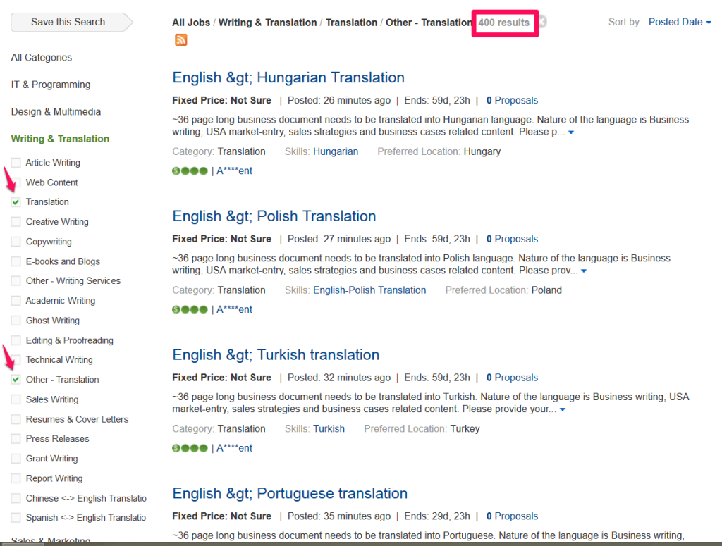 Available Elance translation jobs