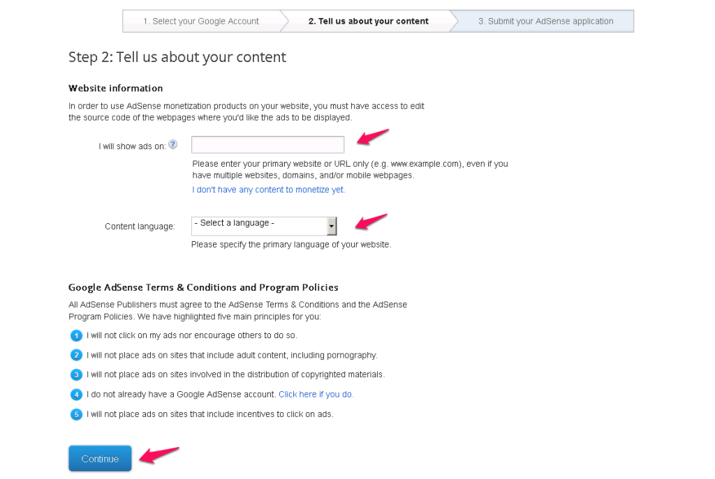 Select your website and language at the AdSense sign-up process