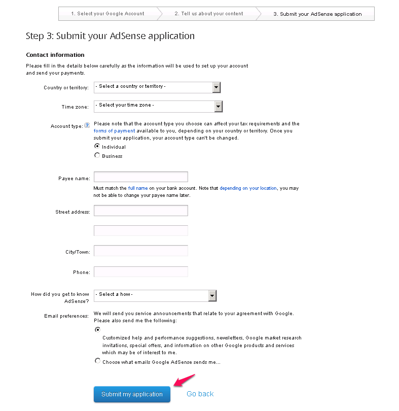 Submit your AdSense application in the last step