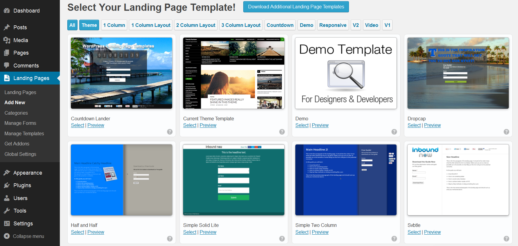 Overview of landing page templates