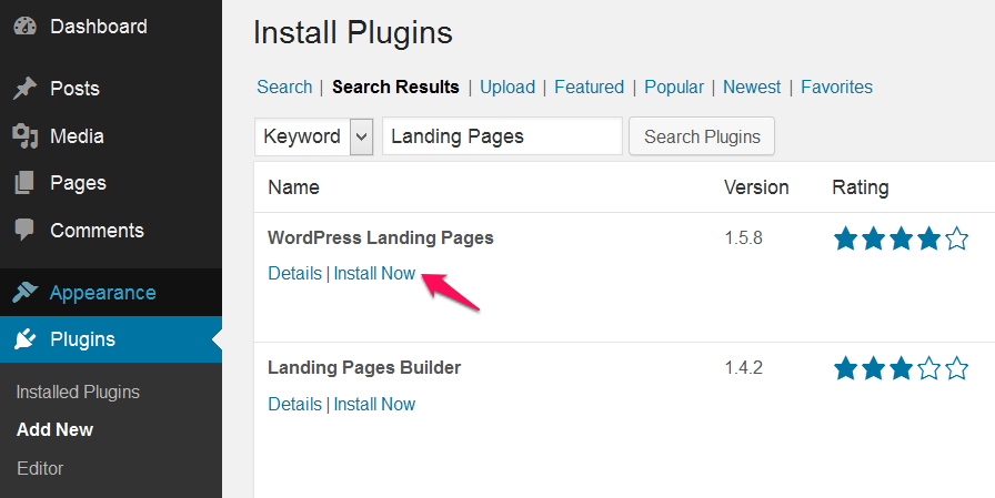 Install the PlugIn WordPress Landing Pages