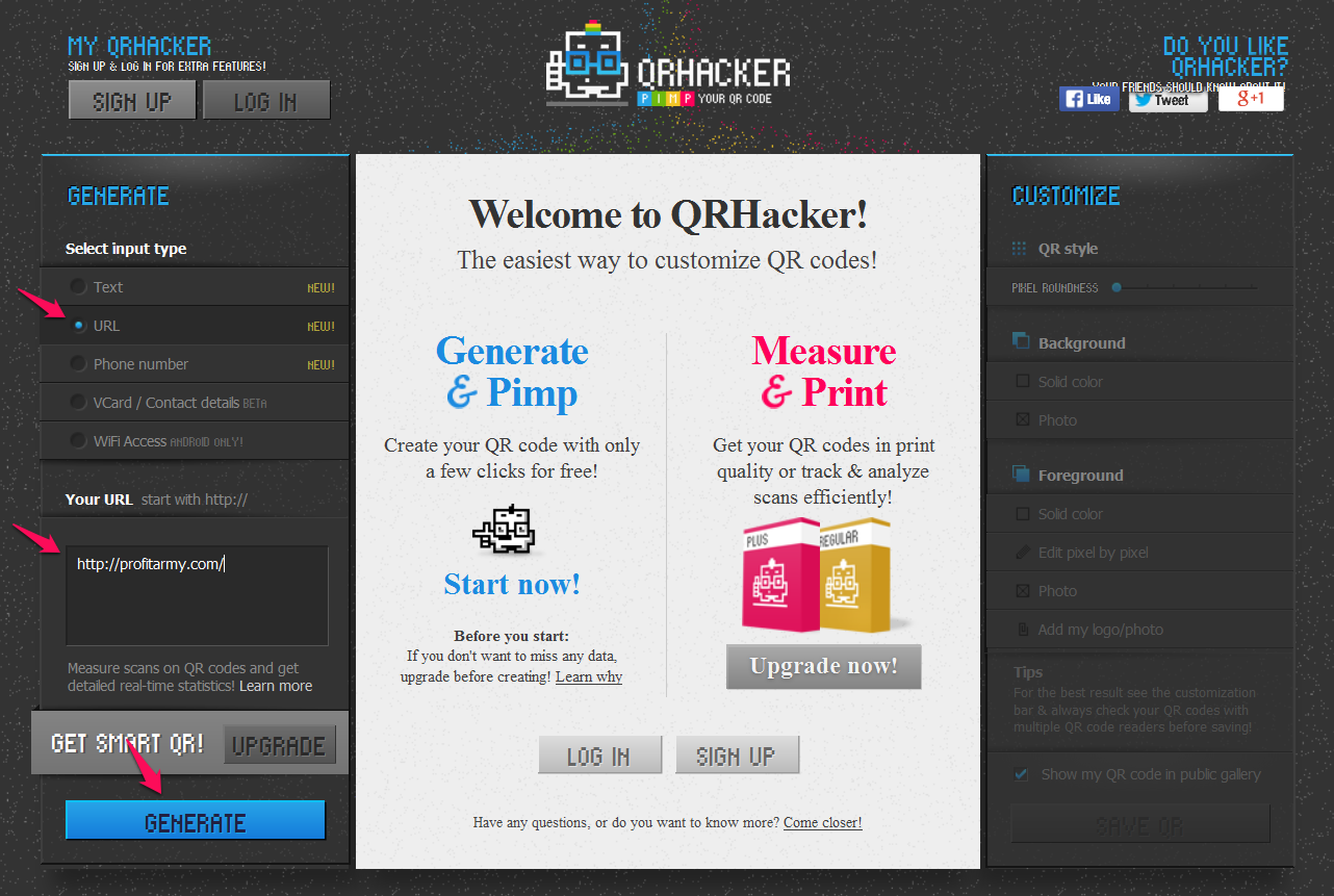 Create a custom QR code at QRHacker.com