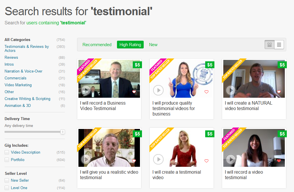 Examples of actors offering testimonial videos on Fiverr