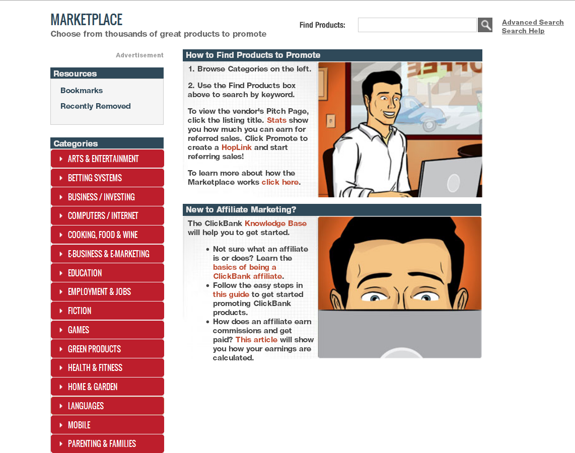 Screenshot of the Clickbank marketplace